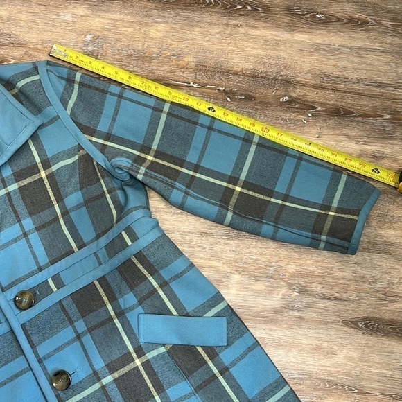 Vtg Plaid Reversible Women's Medium Trench Coat Robin Egg Blue Rockabilly Retro - Picture 14 of 15